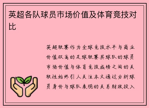 英超各队球员市场价值及体育竞技对比