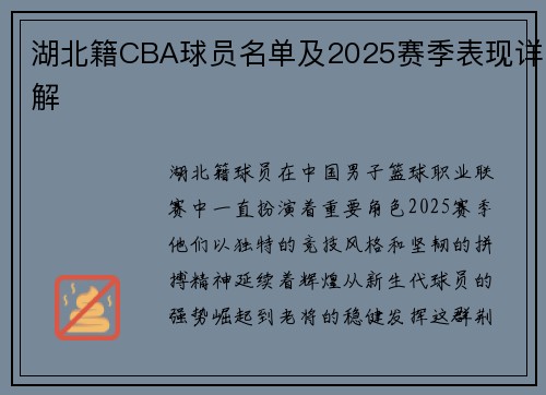 湖北籍CBA球员名单及2025赛季表现详解