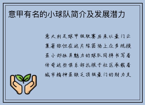 意甲有名的小球队简介及发展潜力